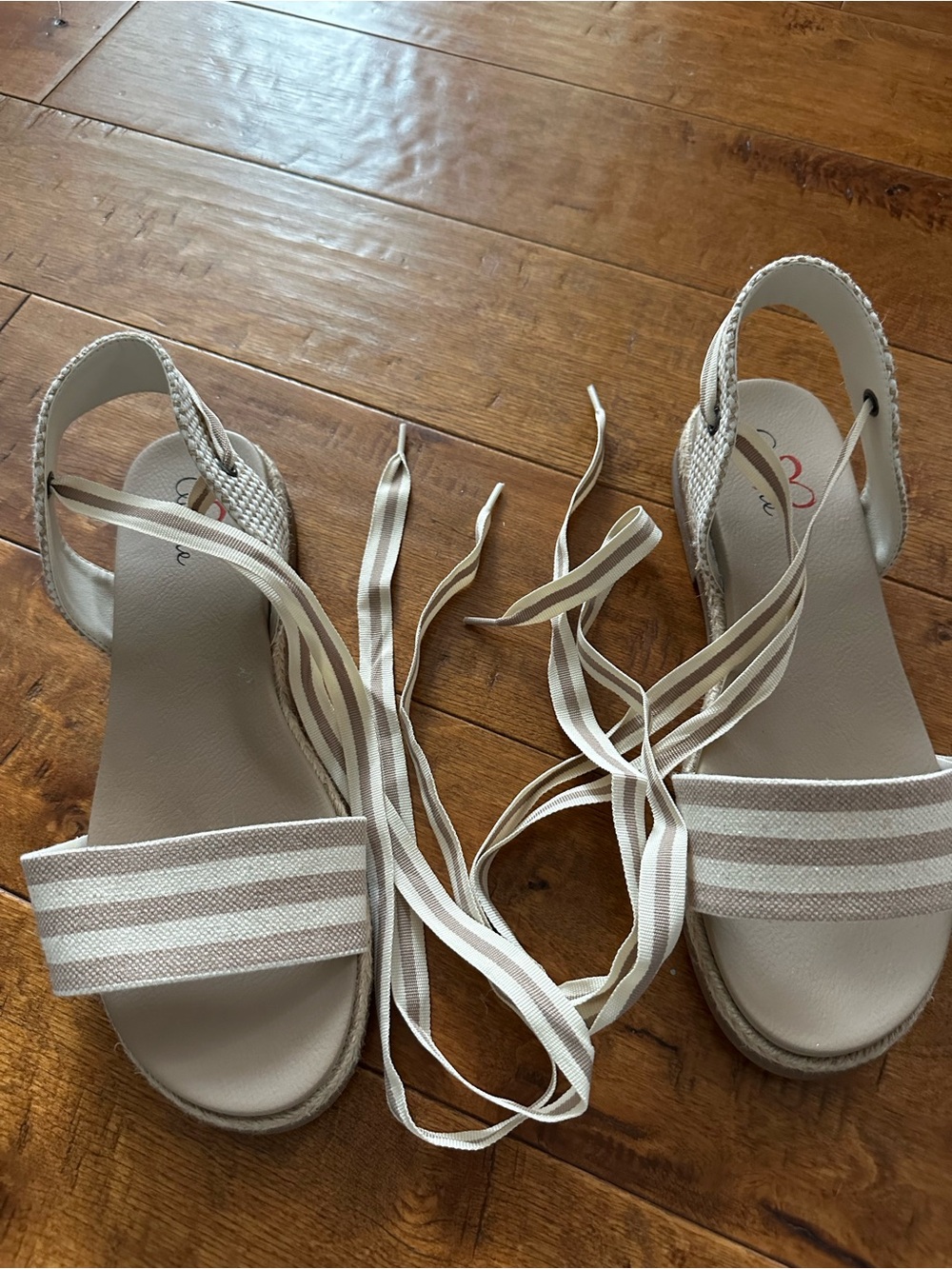 Amore Pacific Cream and White Striped Ankle-Tie Sandals